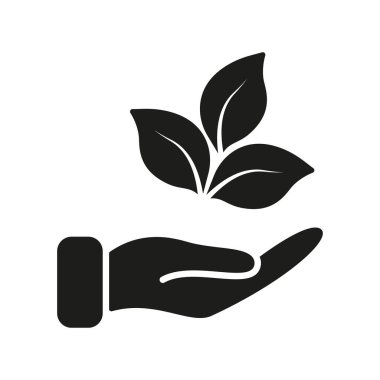 Vegan Diyet ve Sağlıklı Gıda Sembolü. El Tutma Santrali Siluet Simgesinden Çıkıyor. İzole Vektör İllüstrasyonu.