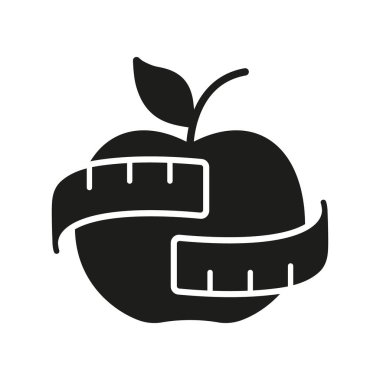 Ölçü Bantlı Elma Katı Simgesi. Diyet ve Kilo Kontrolü. Doğal Beslenme ve Sağlıklı Yaşam. İzole Vektör İllüstrasyonu.