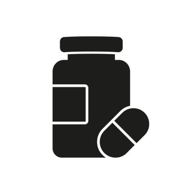 İlacın Siluet Simgesi ile Ek Şişe. Sağlık ve Sağlık İçin İlaç Biçiminde Beslenme İlaçları ve Vitaminler. İzole Vektör İllüstrasyonu.