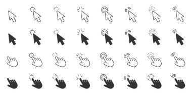 Fare İmleci ve Eylem Satırı ve Katı Simge Ayarına tıklayın. Etkileşimli Seçim ve Dijital Navigasyon Sembol Koleksiyonu. İzole Vektör İllüstrasyonu.