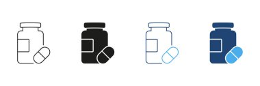 Kapsül hattı ve siluet simgesi olan kavanoz takviyesi. Vitaminler, sağlık desteği, beslenme desteği ve sağlık. Düzenlenebilir Vuruş. İzole Vektör İllüstrasyonu.