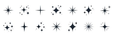 Soyut Yıldız patlaması Simgeleri Katı Simge Ayarları. Sparkle and Shine Siluet Sembol Koleksiyonu. İzole Vektör İllüstrasyonu.