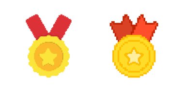 Yıldız Tasarımı Pixelated Icon Set ile Piksel Madalya Ödülleri. Piksel Sanat Sembolü Altın ve Bronz Yıldız Madalyaları Koleksiyonu. İzole Vektör İllüstrasyonu.