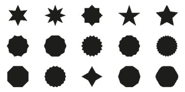 Geometrik Şekil Pixelated Simge Kümesi. Pixel Sanat Sembol Koleksiyonu Geometrik Yıldızlar ve Çemberler. İzole Vektör İllüstrasyonu.