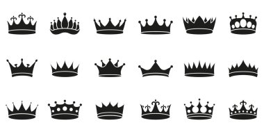 Royal Crown ve Taç Katı Simge Kümesi. Majestic Crown Sembolleri Koleksiyonu. Kraliyet, Güç ve Asalet. Kral ve Kraliçe Başlıklı Siluet Sembolü. İzole Vektör İllüstrasyonu.