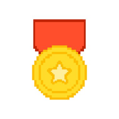 Star Pixelated Icon 'lu Altın Madalya. Ödül Kurdelesi ve Madalya Pikseli Amblemi 'nin Piksel Sanat Sembolü. İzole Vektör İllüstrasyonu.