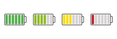 Batarya Seviyesi Göstergeleri Simgesi Ayarlandı. Batarya Güç Şarj Simgeleri Sembol Koleksiyonu. İzole Vektör İllüstrasyonu.