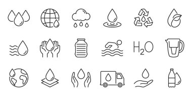 Su Koruma ve Sürdürülebilirlik Hattı Simgesi ayarlandı. Hidrasyon, Geri Dönüşüm ve Küresel Su İdaresi Ana Hattı Sembolü. Çevre koruma. Düzenlenebilir Vuruş. İzole Vektör İllüstrasyonu.