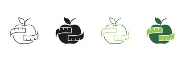 Apple Line ve Siluet Simgesi Ölçü Bantlı, Sağlıklı Yemek ve Vegan Diyetli. Organik Beslenme ve Kilo Verme. Düzenlenebilir Vuruş. İzole Vektör İllüstrasyonu.