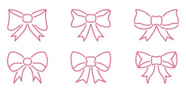 Pembe Fiyonk Kravat Taslak Simgesi Ayarları. Dekoratif Kurdele ve Hediye Paketi Sembol Koleksiyonu. Moda Aksesuarı ve Mevcut Dekorasyon. Düzenlenebilir Vuruş. İzole Vektör İllüstrasyonu.