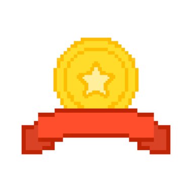 Kırmızı Kurdeleli Altın Madalya Pixelated Icon. Altın Çember ve Kurdele Aksanlı Piksel Sanat Madalyası. İzole Vektör İllüstrasyonu.