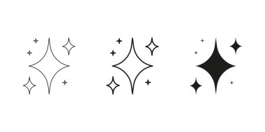 Yıldız Işıltısı Hattı ve Katı Simge Ayarları. Parıltı ve Parıltı Sembol Koleksiyonu. İzole Vektör İllüstrasyonu.