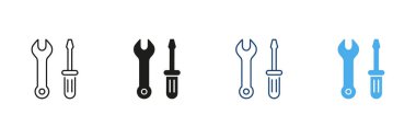 Anahtarı ve Tornavida Araç Simgesi Ayarları. Teçhizat Taslağı ve Siluet Sembol Koleksiyonu. İnşaat ve Diy Aletleri. İzole Vektör İllüstrasyonu.