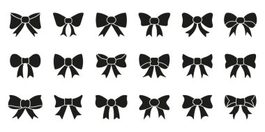 Baş Kravat Silüeti Simgesi Ayarlandı. Moda, Hediye Paketi ve Siluet Sembol Koleksiyonu için Dekoratif Kurdele Yayı. Zarif ve çok yönlü tasarım elementleri. İzole Vektör İllüstrasyonu.