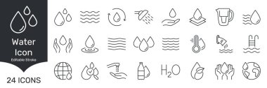 Su Koruma ve Kullanım Hattı Simgesi Ayarlandı. Hidrasyon, Sürdürülebilirlik ve Çevre Koruma Sembol Koleksiyonu. Düzenlenebilir Vuruş. İzole Vektör İllüstrasyonu.