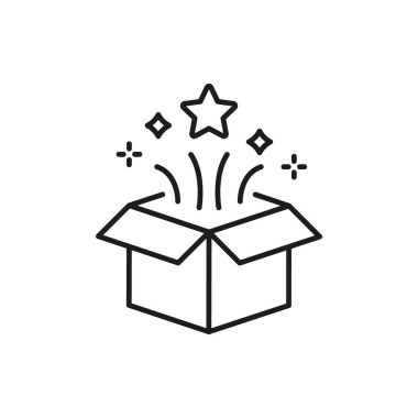 Yıldız ve Parıltı Hattı Simgesiyle Kutuyu Aç. Sürpriz, Yaratıcılık ve Yenilik Ana Hattı Sembolü. Boks Deneyimi ve Heyecanı Açıyorum. Düzenlenebilir Vuruş. İzole Vektör İllüstrasyonu.