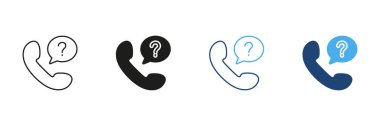 Soru işareti simgesi olan telefon. Müşteri Destek, Soruşturma ve Yardım Hattı İletişim Sembol Koleksiyonu. Yardım ve Bilgi İsteği. İzole Vektör İllüstrasyonu.