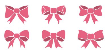 Pembe Fiyonk Siluet Simgesi Ayarlandı. Dekoratif kurdele hediye paketi, moda ve el yapımı siluet sembolü koleksiyonu için. Zarif ve şık tasarım elementleri. İzole Vektör İllüstrasyonu.