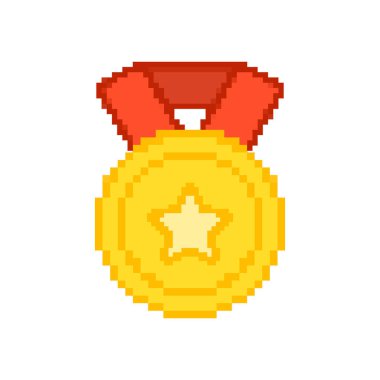 Yıldızlı Altın Madalya, Pixelated Icon. Altın Pikselin Sanat Sembolü, Başarı Madalyası, Kırmızı Kurdele, Ödül Amblemi. İzole Vektör İllüstrasyonu.