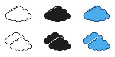 Hava ve hava tahminleri için bulut simgeleri, çizgi ve katı ikon seti. Dijital kullanım için bulut sembolleri koleksiyonu. İzole vektör illüstrasyonu.