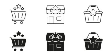 Alışveriş arabası, mağaza önü ve Stars Icon Set 'li sepet. E-Ticaret, Perakende Mükemmelliği ve Müşteri memnuniyeti Sembol Koleksiyonu. İnternetten alışveriş. İzole Vektör İllüstrasyonu.