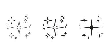 Yıldız ve Parıltı Dekoratif Çizgisi ve Katı Simge Seti. Parlak Parıltı ve Parlak Sembol Koleksiyonu. İzole Vektör İllüstrasyonu.
