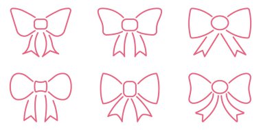 Pembe Fiyonk Kravat Taslak Simgesi Ayarları. Dekoratif Kurdele ve Hediye Paketi Sembol Koleksiyonu. Moda Aksesuar ve Kutlama Tasarımı. Düzenlenebilir Vuruş. İzole Vektör İllüstrasyonu.