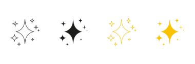 Işıldayan Yıldız Elementleri Hattı ve Katı Simge Ayarları. Parıldayan Yıldız patlaması Parlak Efekt Sembol Koleksiyonu. İzole Vektör İllüstrasyonu.