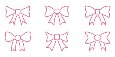 Pruva Kurdele Hattı Simgesi Ayarlandı. Dekoratif Hediye Paketi, Moda Aksesuarları ve Kutlama Sembol Koleksiyonu. Zarif Tasarım Elementleri. Düzenlenebilir Vuruş. İzole Vektör İllüstrasyonu.