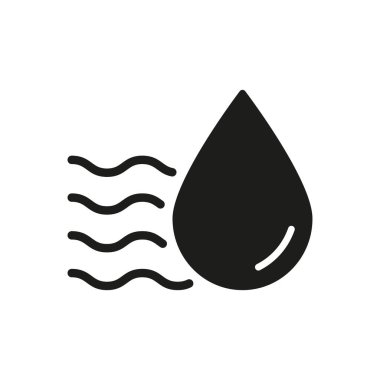 Dalgalı Çizgileri Katı Simgesi olan Su Damlası. Su Akımı, Sıvı Dinamik ve Sıvı Hareket Siluet Sembolü. Tesisat ve Hidrasyon Konsepti. İzole Vektör İllüstrasyonu.