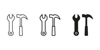 İngiliz anahtarı ve çekiç simgesi seti. İnşaat, onarım, bakım ve siluet sembol koleksiyonu. Diy ve Tamirci Aletleri. İzole Vektör İllüstrasyonu.