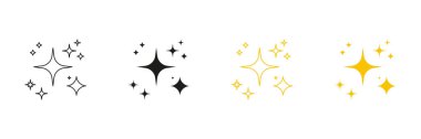 Yıldız, Parıltı Hattı ve Katı Simge Kümesi. Parlaklık ve Parıltı Sembol Koleksiyonu. İzole Vektör İllüstrasyonu.