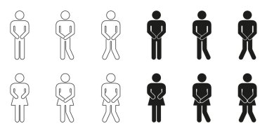 Erkek ve Kadın Tuvaleti Acil Durum Simgesi Seti. Banyo Acil Servisi, Acil Durum Özeti ve Siluet Sembol Koleksiyonu. Cinsiyete Özel Tuvalet İmzası. İzole Vektör İllüstrasyonu.