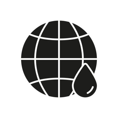 Su Damlası Katı Simgesi ile Dünya. Küresel Su Koruma ve Sıvı Bilinci Siluet Sembolü. Çevre koruma, sürdürülebilirlik. İzole Vektör İllüstrasyonu.