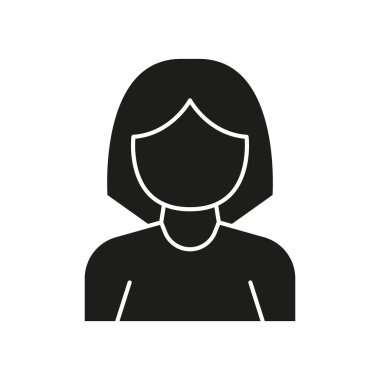 Dişi Avatar Katı Simge. Profil Tanıtımı ve Kullanıcı Tanımlama Silueti Sembolü. Dijital Kimlik ve İnternet Varlığı. İzole Vektör İllüstrasyonu.