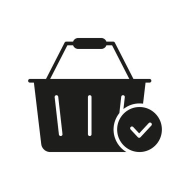 İşaretli Katı Simgeyle Alışveriş Sepeti. Başarılı çevrimiçi alışveriş, sipariş onayı ve Onaylama Silueti Sembolü. E-ticaret, perakende alım satım. İzole Vektör İllüstrasyonu.