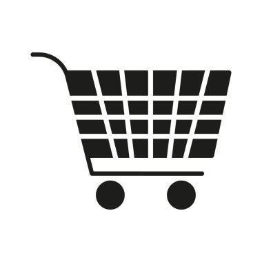 Alışveriş Arabası Katı Simgesi. E-Ticaret, Perakende ve Çevrimiçi Alışveriş Silueti Sembolü. Tüketici Alımı ve Piyasa Temsili. İzole Vektör İllüstrasyonu.