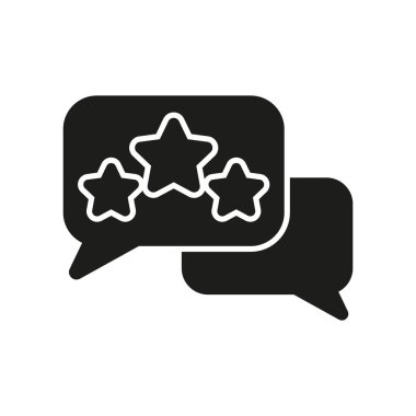 Müşteri Geribildirimi ve Katı Simge İncelemesi. Yıldız Derecelendirme ve Mesaj Silueti Sembolü. Ürünleri ya da hizmetleri, müşteri memnuniyetini ve iletişimi değerlendir. İzole Vektör İllüstrasyonu.