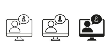 Bilgi Simgesi Ayarlı Bilgisayar Kullanıcısı. Çevrimiçi Destek, Müşteri Hizmetleri ve Dijital Yardım Hattı ve Siluet Sembol Koleksiyonu. İletişim ve Yardım Masası. İzole Vektör İllüstrasyonu.