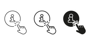 Bilgi Simge Ayarına tıklayın. Kullanıcı etkileşimi ve çevrimiçi yardım hattı ve siluet sembol koleksiyonu. Dijital Yardım ve Destek Navigasyonu. İzole Vektör İllüstrasyonu.