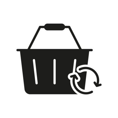 Dairesel Oklu Alışveriş Sepeti Katı Simgesi. Sürdürülebilir Alışveriş, Yeniden Kullanım ve Geri Dönüşüm Sembolü. Çevre dostu tüketici alışkanlıkları. İzole Vektör İllüstrasyonu.