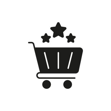 Stars Solid Icon 'lu alışveriş arabası. Müşteri memnuniyeti, Kaliteli Hizmet ve Özel Alışveriş Deneyimi Siluet Sembolü. Perakende satış mükemmelliği. İzole Vektör İllüstrasyonu.