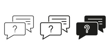 Soru ve Cevap Konuşma Baloncukları Simge Ayarları. İletişim, Soruşturma ve Müşteri Destek Özeti ve Siluet Sembol Koleksiyonu. Etkileşimli Diyalog ve Yardım Merkezi. İzole Vektör İllüstrasyonu.