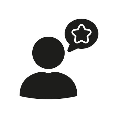 Yıldız Konuşması Baloncuğu Katı Simgesi Olan Kişi. Müşteri geribildirimi, İnceleme ve Kalite Değerlendirme Silüeti Sembolü. Kullanıcı Görüşü ve Sınıflandırma İletişim. İzole Vektör İllüstrasyonu.