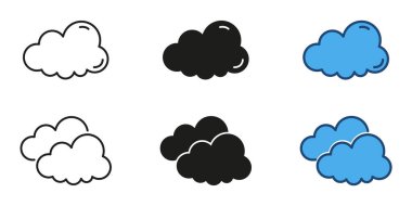 Bulut çizgisi ve katı ikon seti. Çeşitli şekillerde bulut şekilli semboller. Mükemmel hava sembolü koleksiyonu. İzole vektör illüstrasyonu.