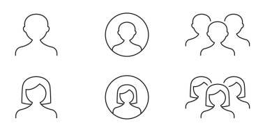 Kullanıcı Profili ve Grup Simgeleri Ayarlandı. Kişisel Kimlik ve Toplum Temsili Özet Sembol Koleksiyonu. Sosyal Medya ve Ağ. Düzenlenebilir Vuruş. İzole Vektör İllüstrasyonu.