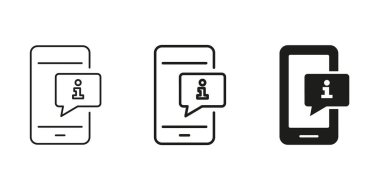 Bilgi Baloncuğu Hattı ve Katı Simgesi olan akıllı telefon. Mobil Bildirim, Alarm ve Bilgi Mesajı Siluet Sembol Koleksiyonu. İletişim ve Müşteri Desteği. İzole Vektör İllüstrasyonu.