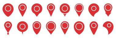 Navigasyon, GPS, ve Coğrafi Siluet Sembol Koleksiyonu. Kırmızı Harita Pin Konum İşaretleyici Katı Simge Ayarları. Haritalar ve uygulamalar için yön ve konum simgeleri. İzole Vektör İllüstrasyonu.
