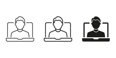 Laptop Ekran Simgesi Ayarlı Kişi. Sanal Buluşma, Çevrimiçi İletişim ve Uzaktan Çalışma Özeti ve Siluet Sembol Koleksiyonu. Dijital etkileşim ve video çağrısı. İzole Vektör İllüstrasyonu.