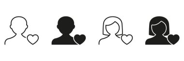 Kalp Simgesi Ayarlı Kullanıcı Profili. Kişisel Bağlantı, İlişki ve Sosyal İlişki Sembol Koleksiyonu. Yürekli Erkek ve Kadın Siluetleri. İzole Vektör İllüstrasyonu.